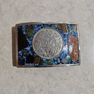 Hamd made Silver 925 Azteca belt buckle w turqoise.
